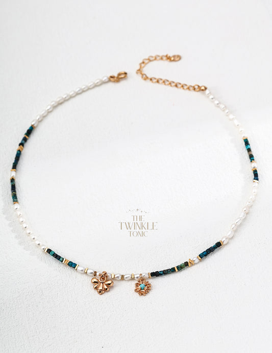 Vintage-Style Necklace & Bracelets with Natural Pearl, Malachite & Turquoise