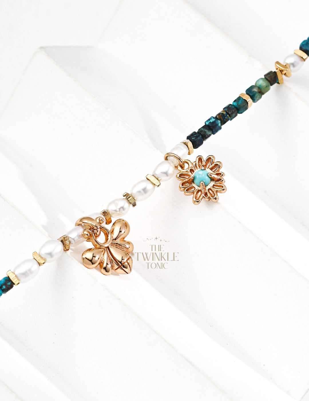 Vintage-Style Necklace & Bracelets with Natural Pearl, Malachite & Turquoise