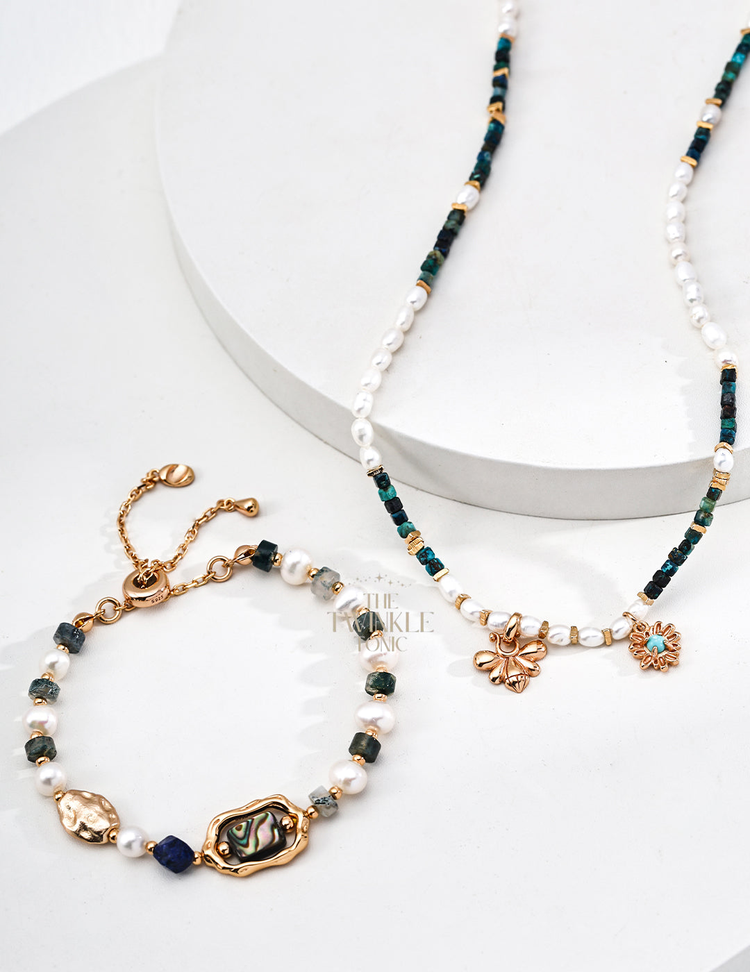 Vintage-Style Necklace & Bracelets with Natural Pearl, Malachite & Turquoise