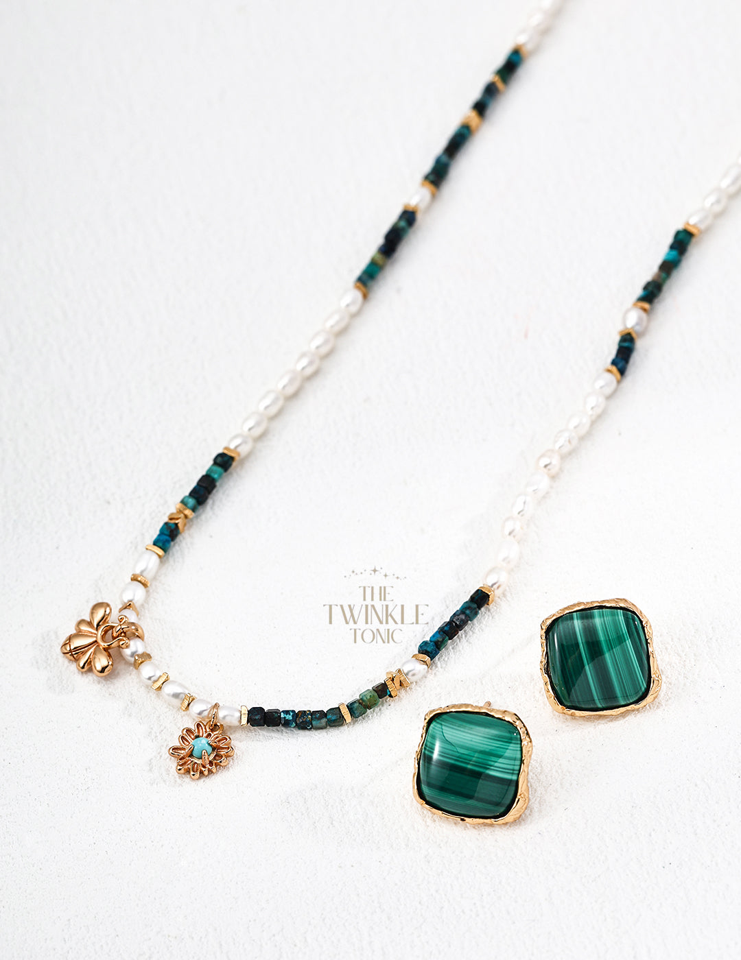 Vintage-Style Necklace & Bracelets with Natural Pearl, Malachite & Turquoise