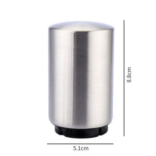 Stainless steel beer bottle opener with dimensions on a white background