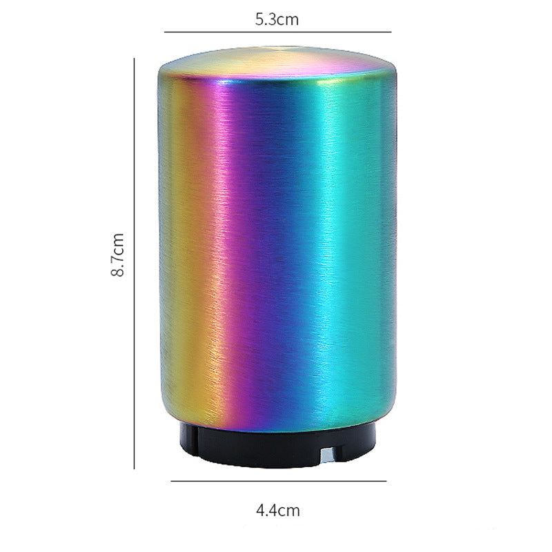Multicolored cylindrical beer bottle opener with dimensions displayed