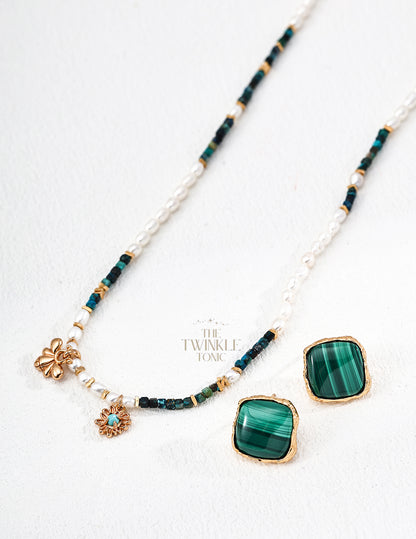 Vintage-Style Necklace & Bracelets with Natural Pearl, Malachite & Turquoise