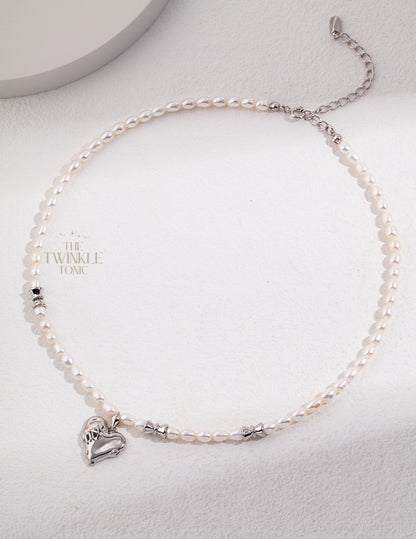 Sterling Silver Heart Necklace with Natural Pearl