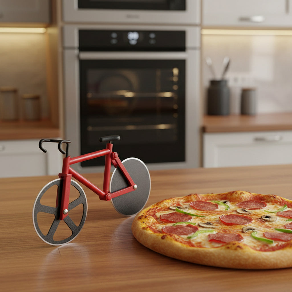 Pizza cutter shaped like a red bicycle on a white background