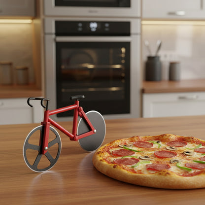 Pizza cutter shaped like a red bicycle on a white background