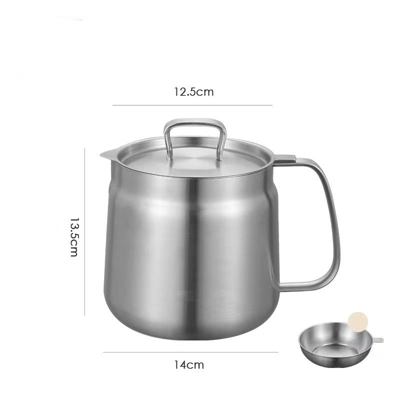 Stainless steel pot oil strainer with lid and filter screen on a white background