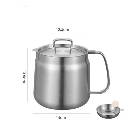 Stainless steel pot oil strainer with lid and filter screen on a white background