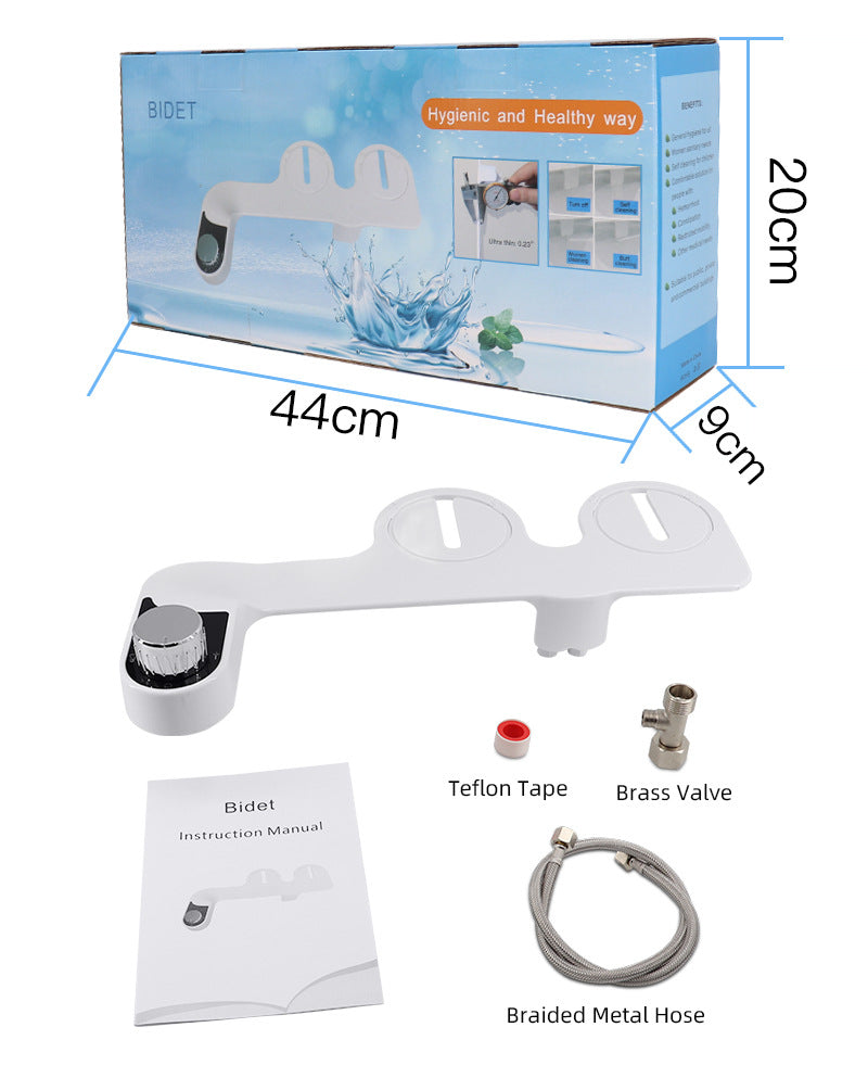 Bidet attachment with packaging, components, and dimensions displayed.