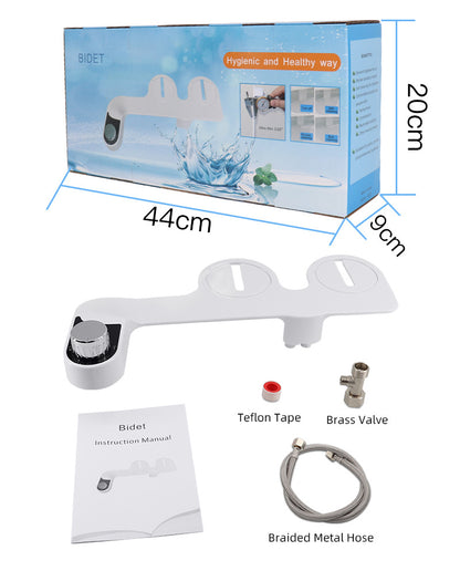 Bidet attachment with packaging, components, and dimensions displayed.
