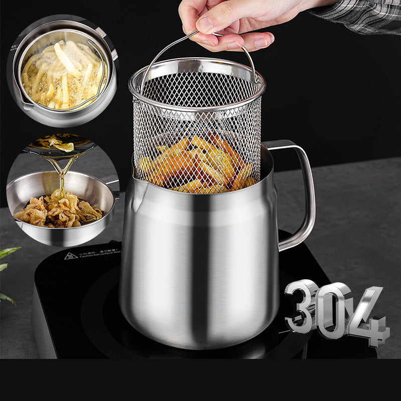 Stainless steel oil filter with frying basket on a black background