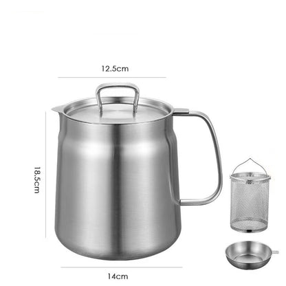 Stainless steel pot oil strainer with lid and accessories on a white background
