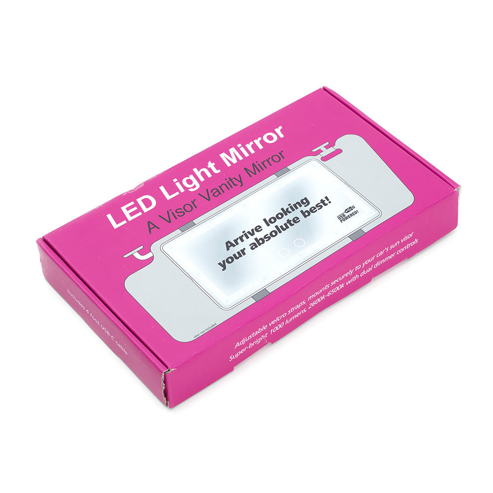 Pink box of an LED light mirror with text on a white background
