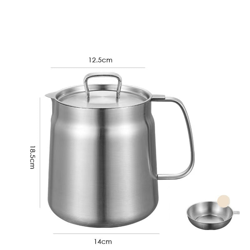 Stainless steel pot oil strainer with lid and filter on a white background