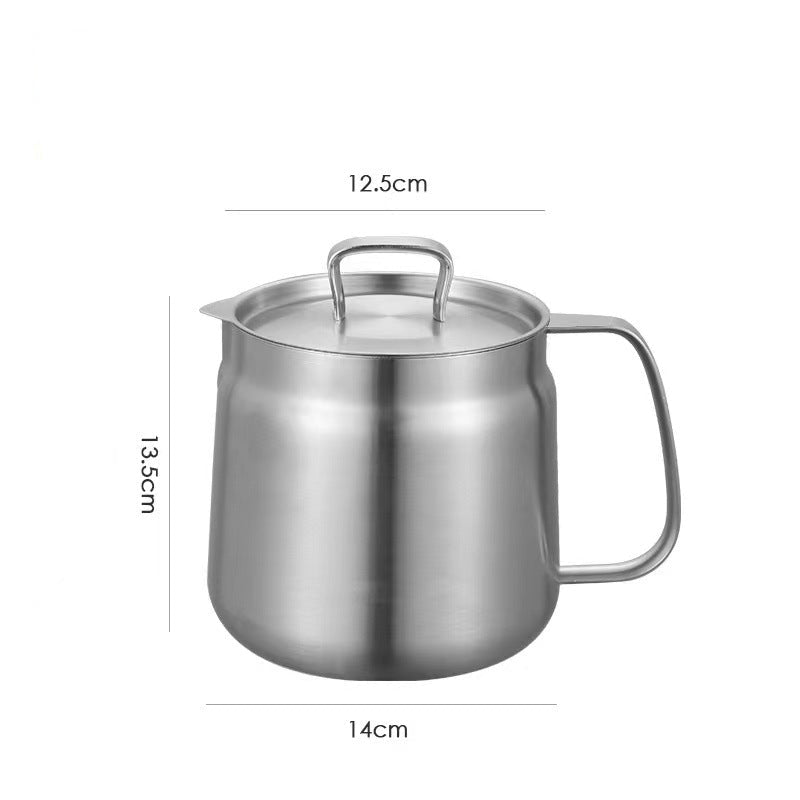Stainless steel pot  oil strainer with lid and dimensions on a white background