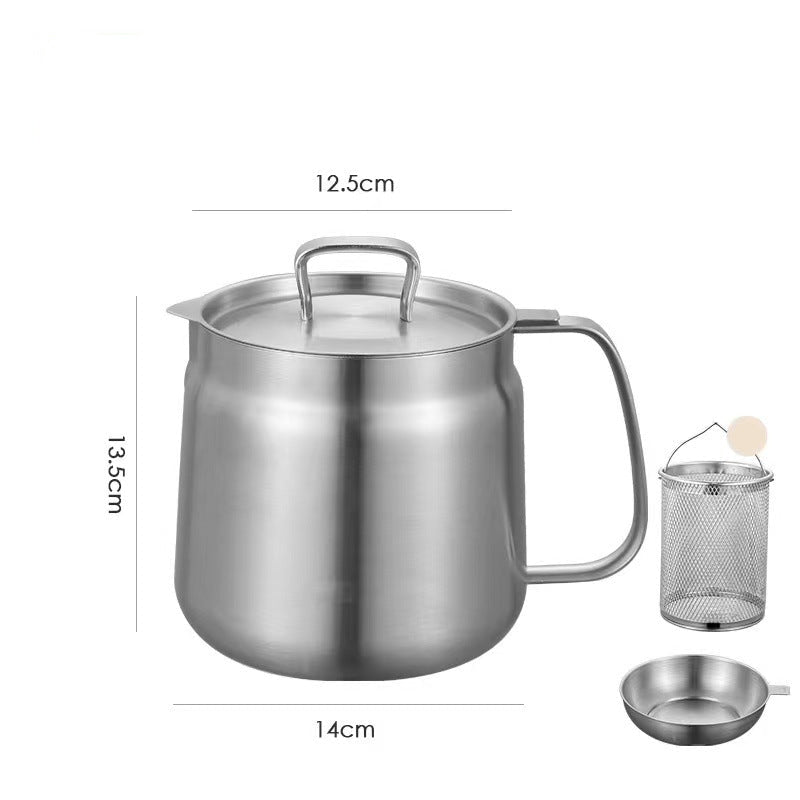 Stainless steel pot oil strainer with lid, filter screen on a white background