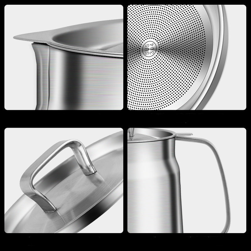 Collage of a stainless steel oil pot strainer.