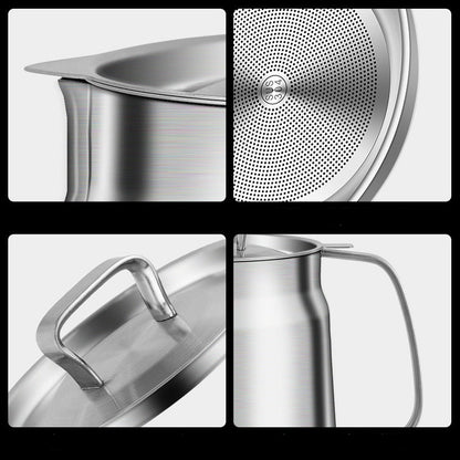 Collage of a stainless steel oil pot strainer.