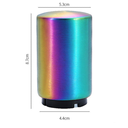 Multicolored cylindrical beer bottle opener with dimensions displayed
