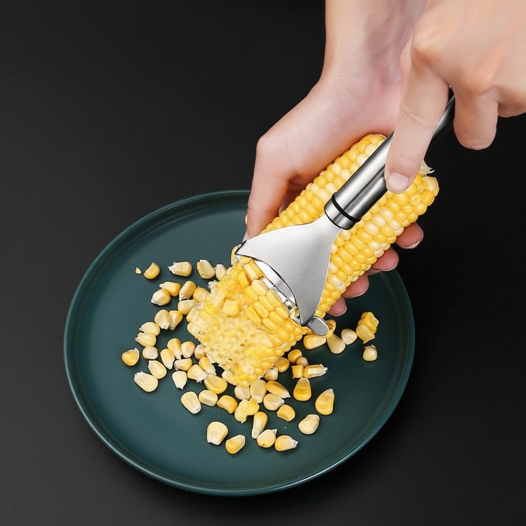 Corn peeler being used to remove corn kernels onto a plate.