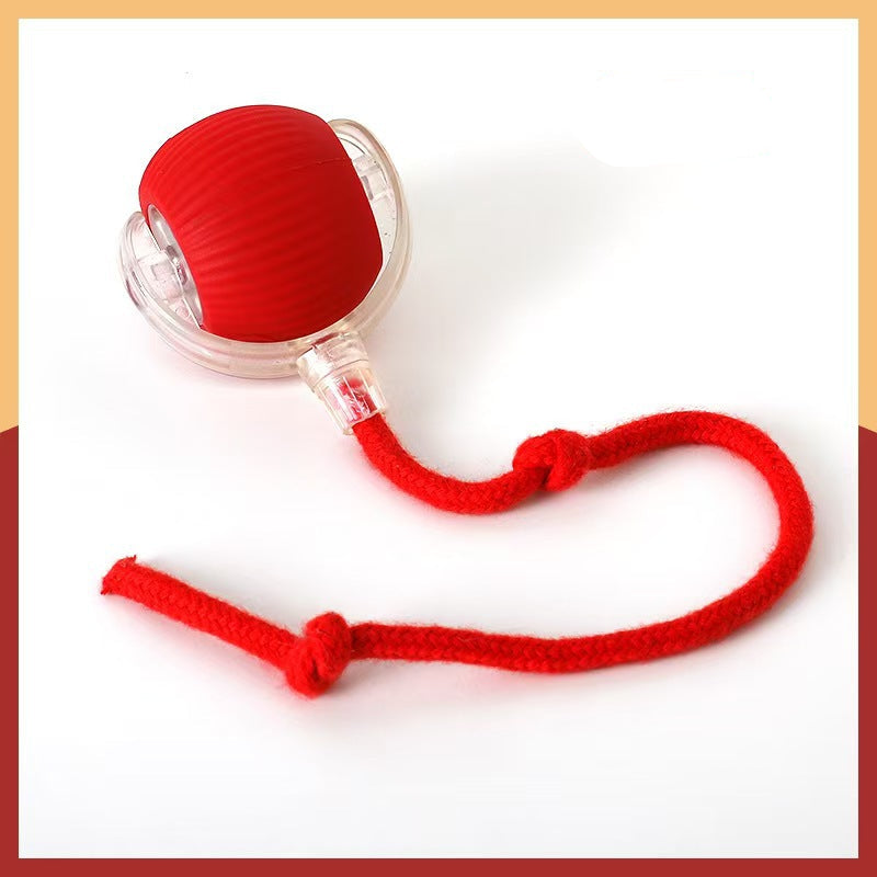 Red silicone cat ball toy with a red rope on a white background