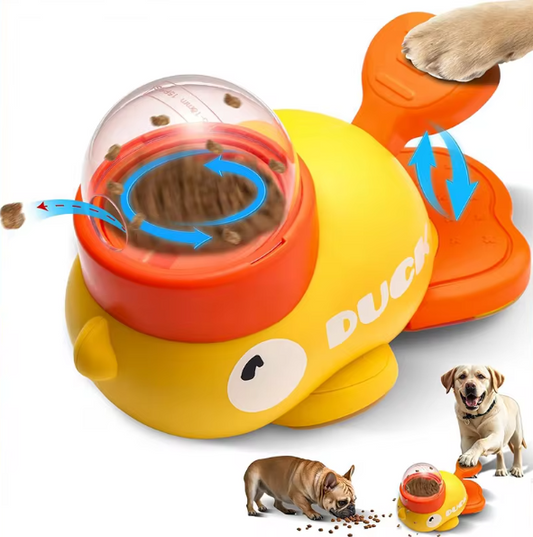 Dog slow feeder toy shaped like a yellow duck featuring the brand 'DUCK'.