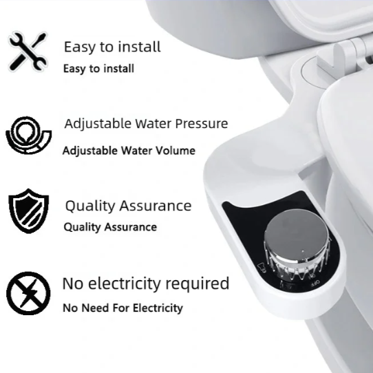 White bidet attachment with features listed on a white background