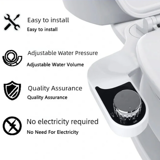 White bidet attachment with features listed on a white background