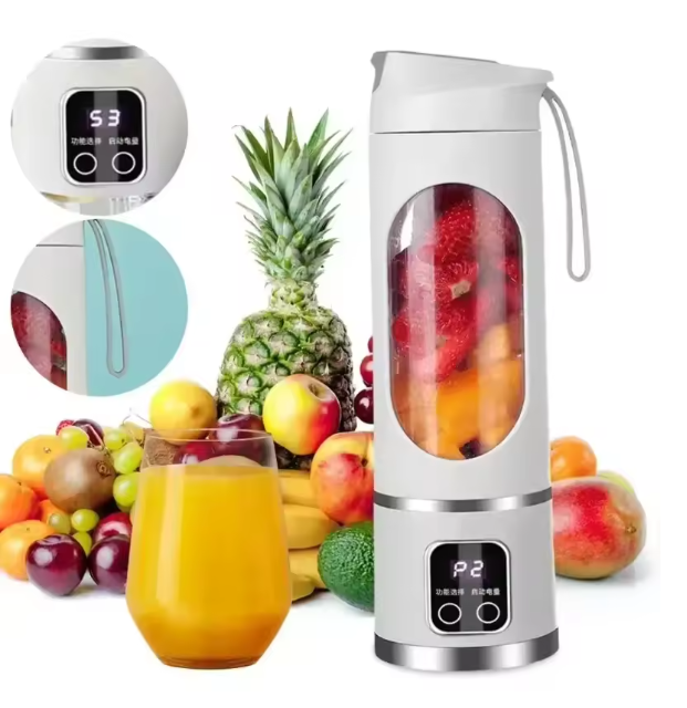 Rechargeable Portable Juicer with fruits and juice on a white background