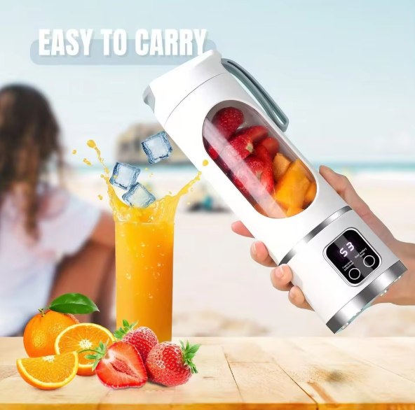 Handheld blender with fruits and juice on a wooden surface, with text 'Easy to Carry'.